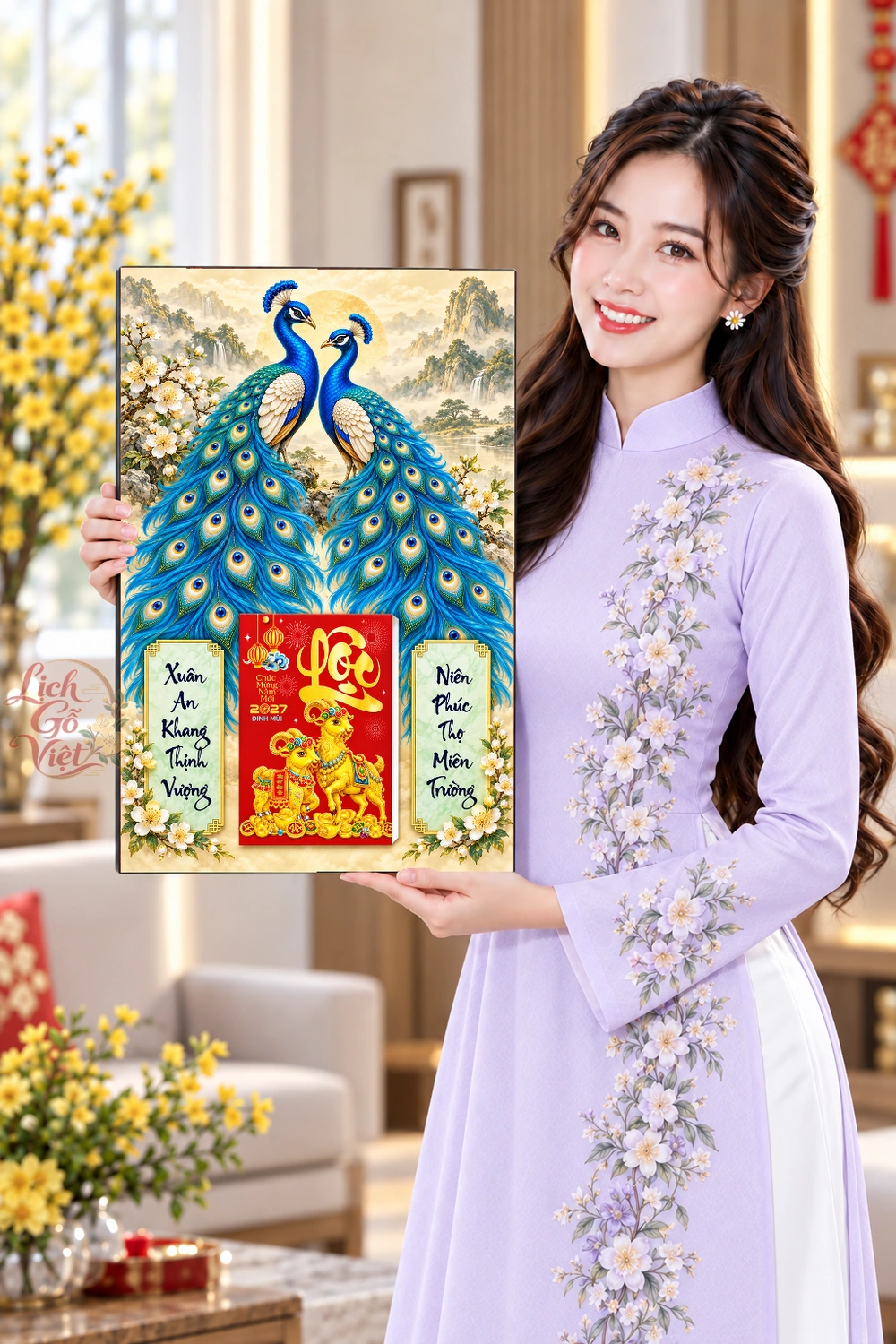 Lịch gỗ treo tường 2027 Song Công Phú Quý 40x60cm LGV27T4-67 — ảnh 4