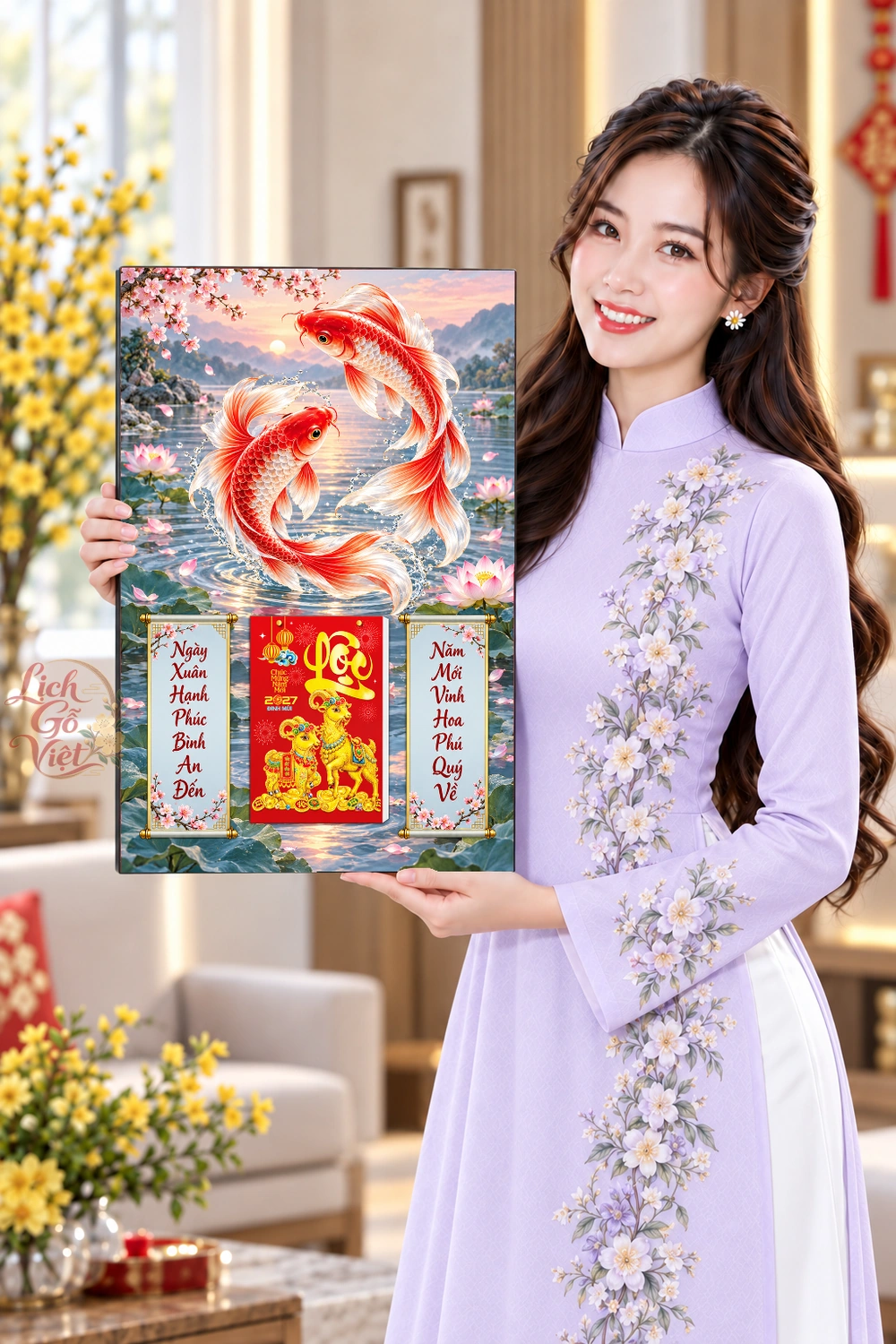 Lịch gỗ treo tường 2027 Song Ngư Đào Xuân 40x60cm LGV27T4-69 — ảnh 4