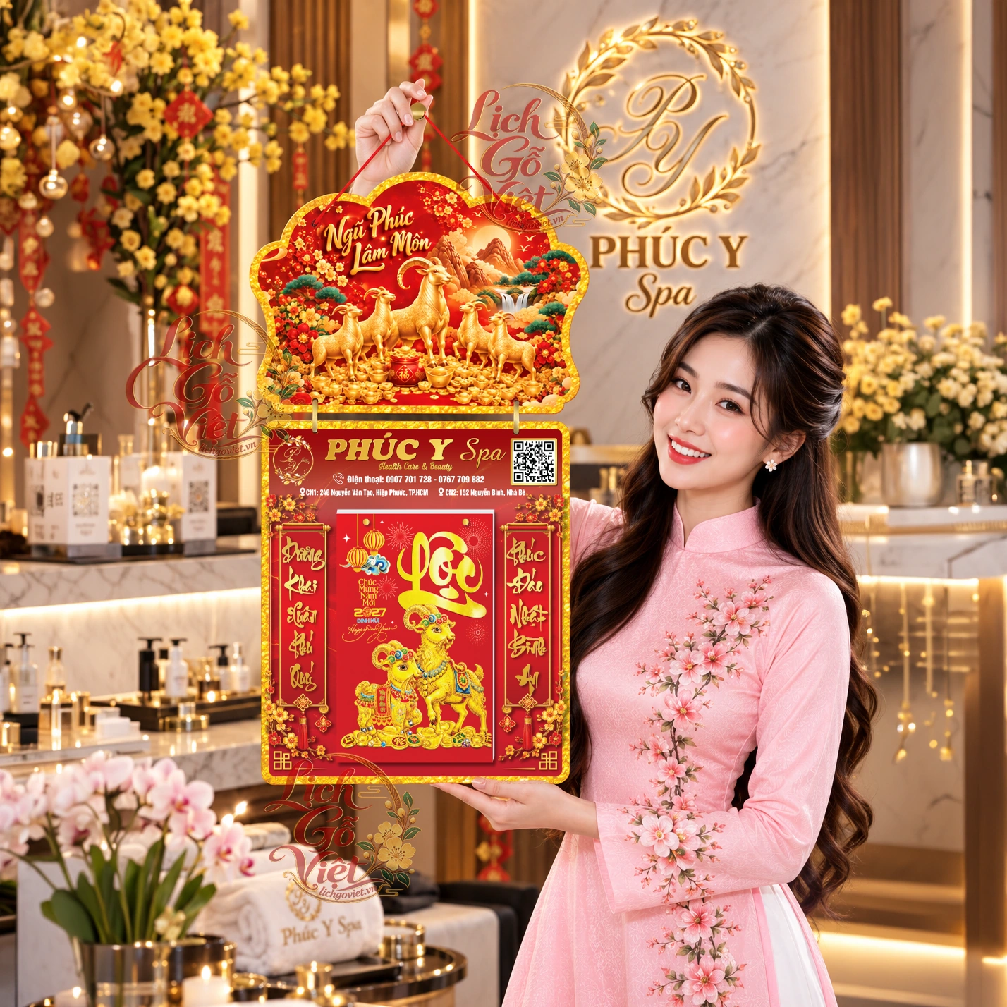 Lịch gỗ 2 thân 2027 Quảng cáo In Logo Phúc Y Spa LGV27T2-01QC1