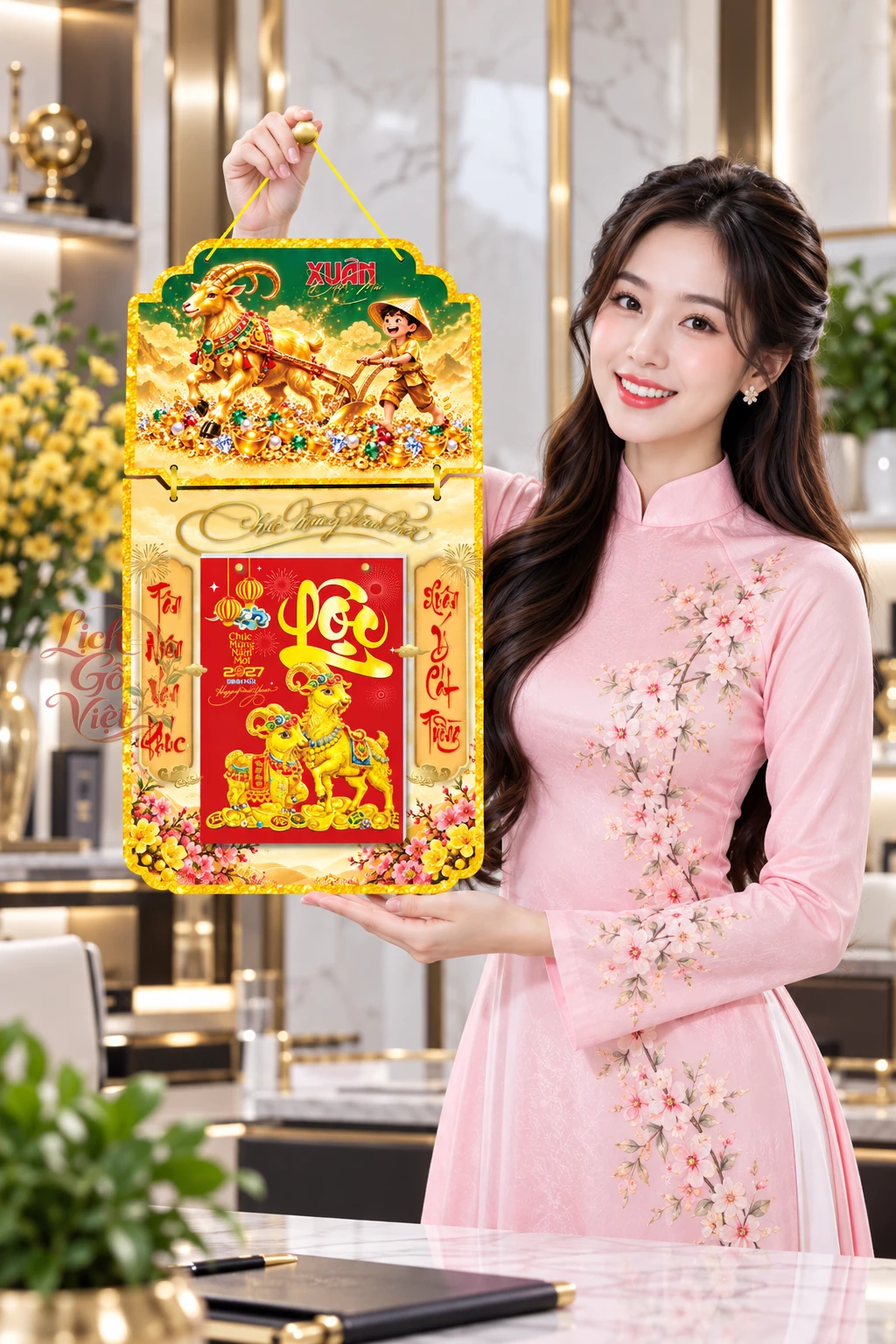 Lịch gỗ 2 thân 2027 Xuân Đinh Mùi – Dê Vàng Khai Xuân LGV27T2-08 — ảnh 5